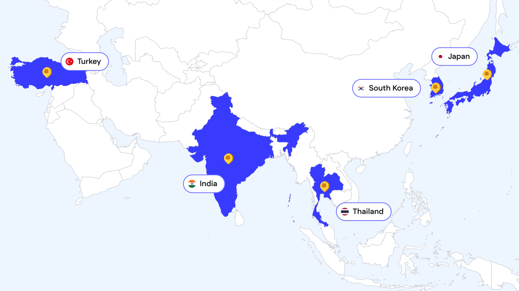 Map highlighting the countries Edsy operates in: Turkey, India, Thailand, South Korea, and Japan